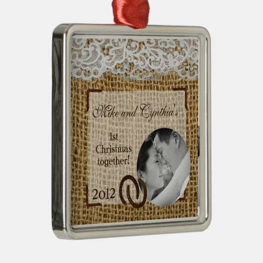 Personalisierte Foto-Verzierungs-Pferdeschuhe auf Silbernes Ornament (Rechts)