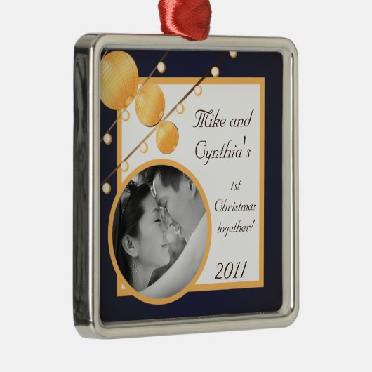 Personalisierte Foto-Zierpapier-Lampen auf blau Silbernes Ornament (Rechts)