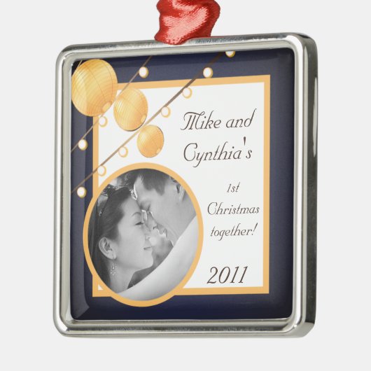 Personalisierte Foto-Zierpapier-Lampen auf blau Silbernes Ornament (Links)