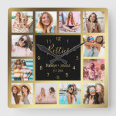 Personalisierte Fotocollage Besties Gold Black Quadratische Wanduhr (Vorderseite)