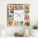 Personalisierte Fotocollage Besties Gold White Quadratische Wanduhr<br><div class="desc">Machen Sie diese trendige,  elegante Collage Wanduhr aus weißem und goldenem Foto mit 12 Ihrer Lieblings-Fotos mit Ihrem besten Freund(en) einzigartig. Das Design enthält auch moderne handgeschriebene "Besties" Skripte,  Ihre Namen und das Datum,  an dem Sie sich kennengelernt haben.</div>
