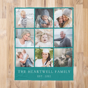 Personalisierte Fotocollage Familie 9 Türkisblau Fleecedecke