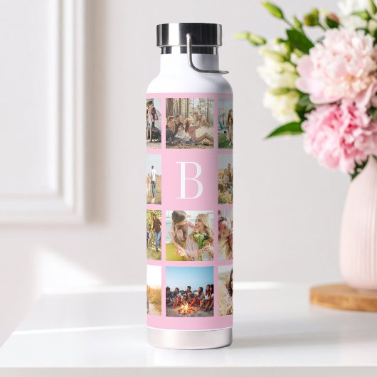 Personalisierte Fotocollage mit rosa Monogramm und Trinkflasche