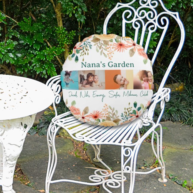 Personalisierte FotoCollage Nana Grandmas Garten Rundes Kissen (Personalized Photo Collage Nana Grandma's Garden Round Pillow)