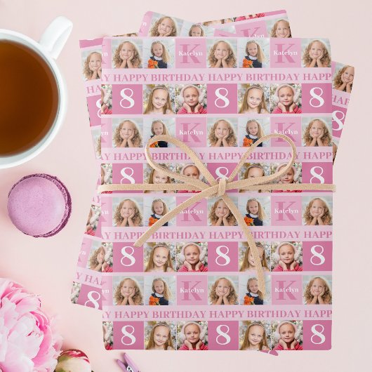 Personalisierte FotoCollage Niedlich Pink Girl Geb Geschenkpapier Set