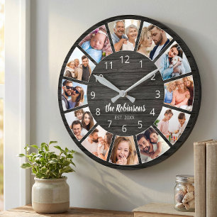 Personalisierte Fotocollage Schwarzes Holz Familie Runde Wanduhr