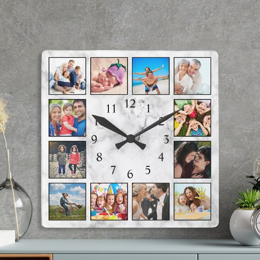 Personalisierte FotoCollage Stilweiser weißer Marm Quadratische Wanduhr