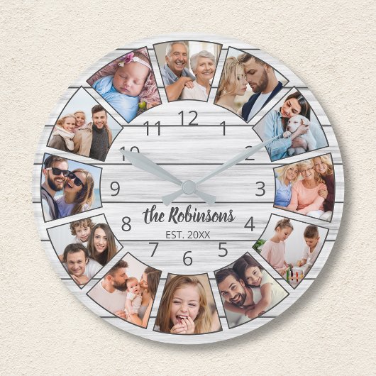 Personalisierte Fotocollage White Wood-Familie Runde Wanduhr