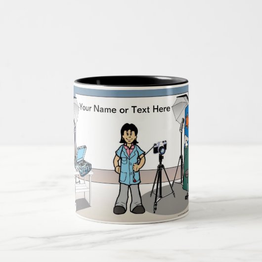 Personalisierte Fotografin - Cartoon von Frauen Zweifarbige Tasse (Mittel)