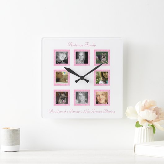 Personalisierte Fotomonage-Uhr: Rosa Quadratische Wanduhr (Zuhause)