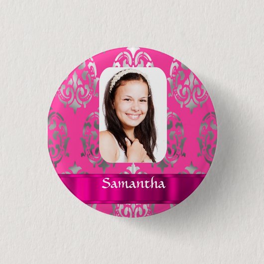 Personalisierte Fotovorlage für rosa Damast Button (Vorderseite)