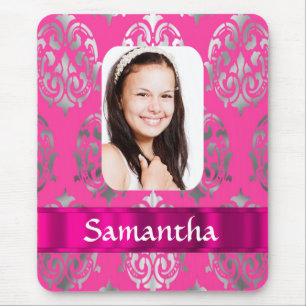 Personalisierte Fotovorlage für rosa Damast Mousepad