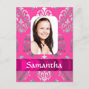 Personalisierte Fotovorlage für rosa Damast Postkarte
