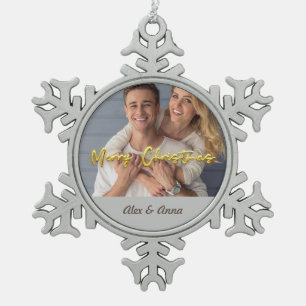Personalisierte Fotovorlage Gold und Grau Merry Schneeflocken Zinn-Ornament