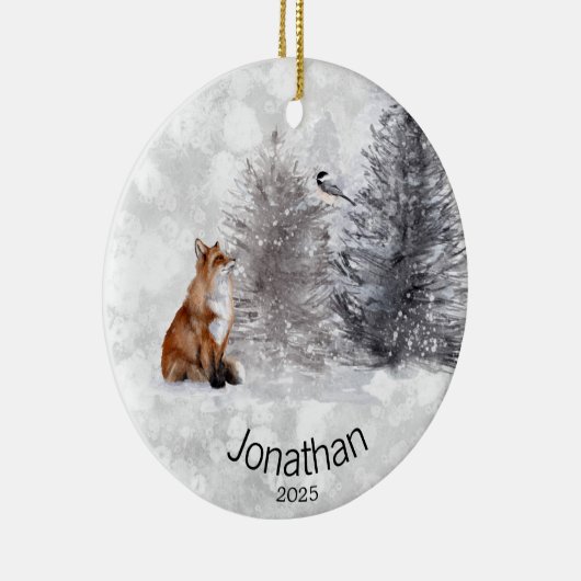 Personalisierte Fox Bird Winterhütte Keramik Ornament (Rechts)