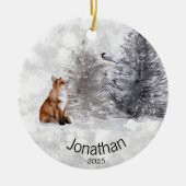 Personalisierte Fox Bird Winterhütte Keramik Ornament (Vorne)
