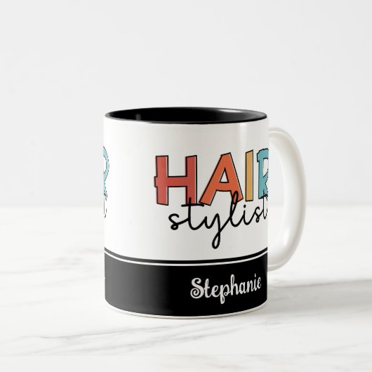 Personalisierte Friseur Stylist Retro Friseur Gesc Zweifarbige Tasse (VorderseiteRechts)