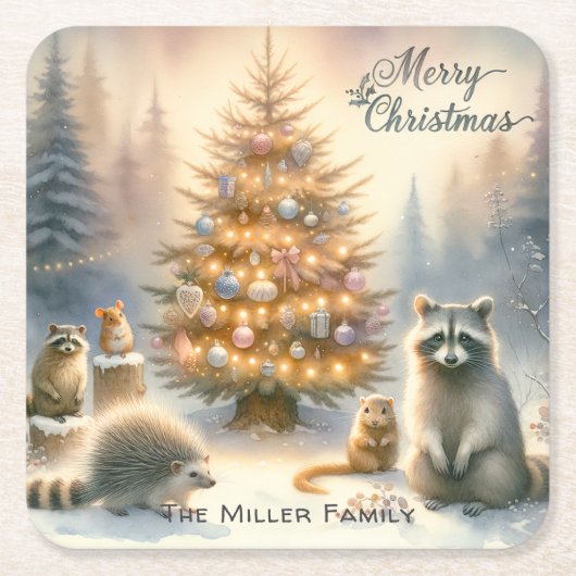 Personalisierte frohe Weihnachtswildlandtiere Rechteckiger Pappuntersetzer (Vorderseite)