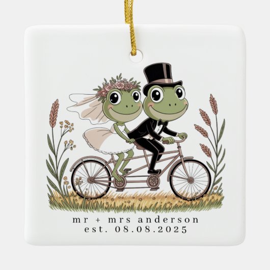 Personalisierte Frösche auf einer Bike-Hochzeit Keramikornament (Vorderseite)