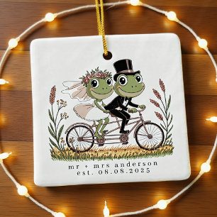 Personalisierte Frösche auf einer Bike-Hochzeit Keramikornament