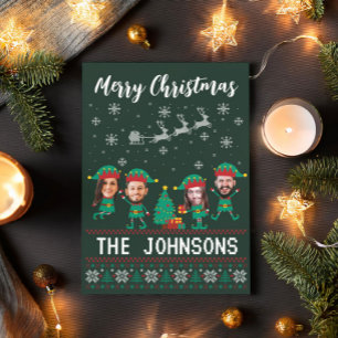 Personalisierte Funny Face Foto Christmas Elf Fami Feiertagskarte