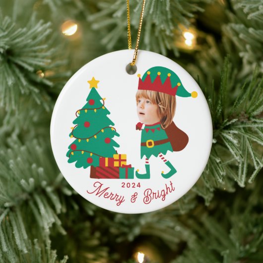 Personalisierte Funny Face Foto Christmas Elf Fami Keramik Ornament (Baum)