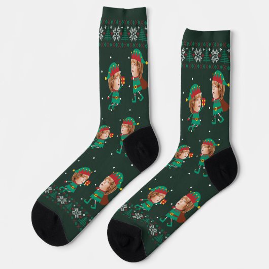 Personalisierte Funny Face Foto Christmas Elf Fami Socken (Linkes Detail)