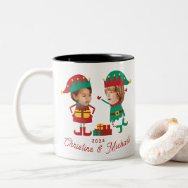 Personalisierte Funny Face Foto Christmas Elf Fami Zweifarbige Tasse
