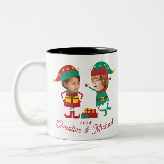 Personalisierte Funny Face Foto Christmas Elf Fami Zweifarbige Tasse (Links)
