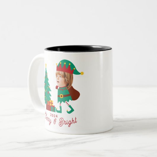 Personalisierte Funny Face Foto Christmas Elf Fami Zweifarbige Tasse (Vorderseite Links)