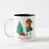Personalisierte Funny Face Foto Christmas Elf Fami Zweifarbige Tasse (Links)