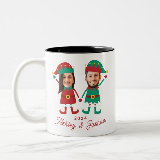 Personalisierte Funny Face Foto Christmas Elf Fami Zweifarbige Tasse (Links)