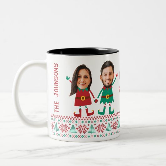Personalisierte Funny Face Foto Christmas Elf Fami Zweifarbige Tasse (Links)