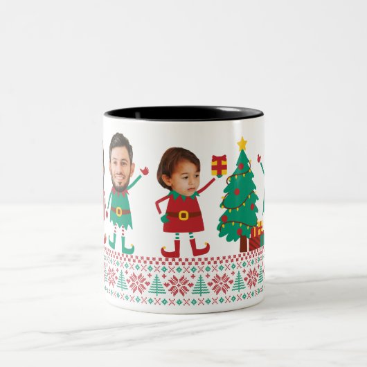 Personalisierte Funny Face Foto Christmas Elf Fami Zweifarbige Tasse (Mittel)