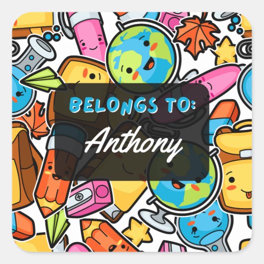 Personalisierte GEBIETE AN Kawaii-Schulsticker Quadratischer Aufkleber (Vorderseite)