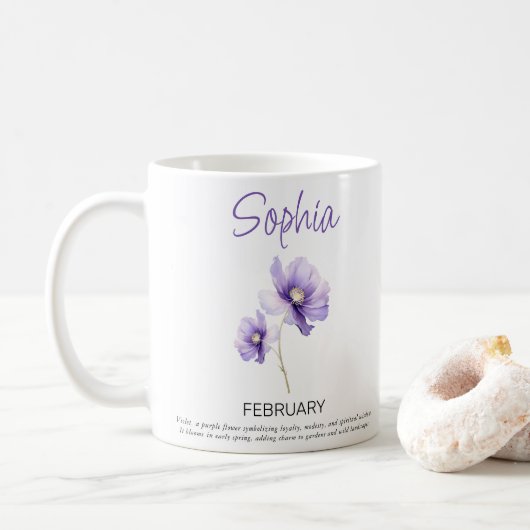Personalisierte Geburtsblume Februar Kaffeetasse (Mit Donut)