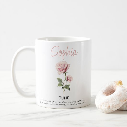 Personalisierte Geburtsblume Juni Kaffeetasse (Mit Donut)