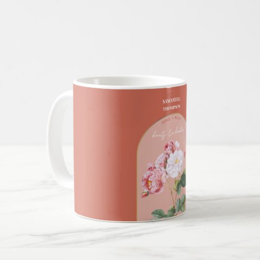 Personalisierte Geburtsblume Monat Juni Rose Kaffeetasse (Vorderseite Links)