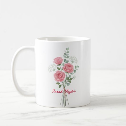 Personalisierte Geburtsblume Rosa Rose Benutzerdef Kaffeetasse (Links)