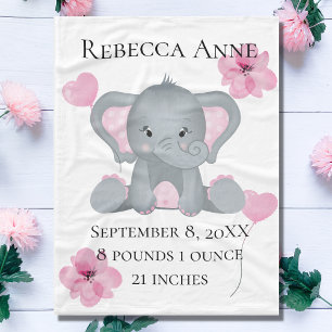 Personalisierte Geburtsstatistik Baby Elefant Pink Fleecedecke