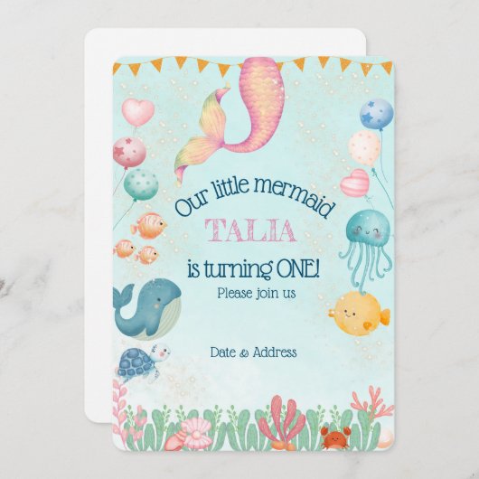 Personalisierte Geburtstagskarte von Mermaid Einladung (Vorne/Hinten)