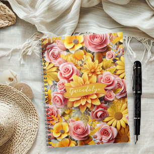 Personalisierte gelbe Blumen spiralgebunden Notizblock