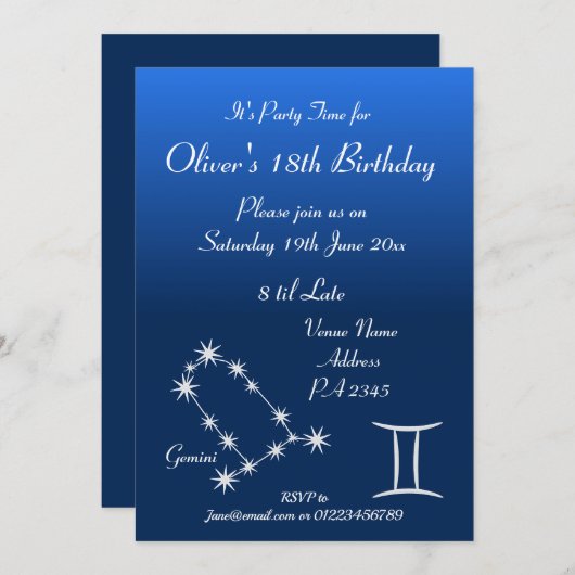 Personalisierte Gemini Zodiac Galaxie Party Einlad Einladung (Vorne/Hinten)