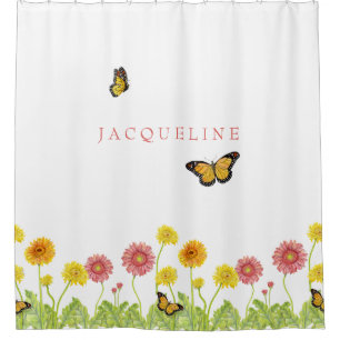 Personalisierte Gerbera-Margerite-Monarch-Schmette Duschvorhang
