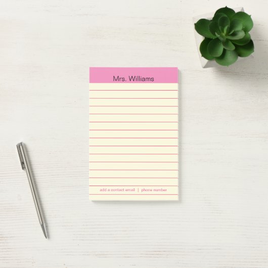 Personalisierte Geschäftsfelder Pink Stripe Lehrer Post-it Klebezettel (Büro)