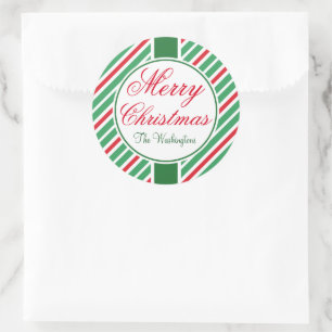 Personalisierte gestreifte Frohe Weihnachten Etike Runder Aufkleber