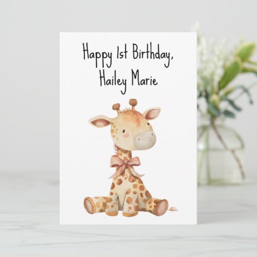 Personalisierte Giraffe zum ersten Geburtstag Karte (Stehend Vorderseite)