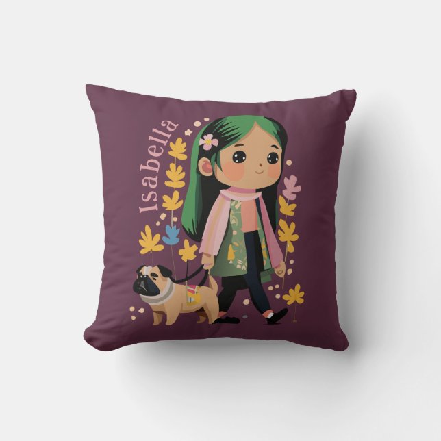 Personalisierte Girl Walking mit Mops Kissen (Vorderseite)