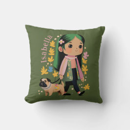 Personalisierte Girl Walking mit Mops Kissen