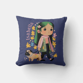 Personalisierte Girl Walking mit Mops Kissen
